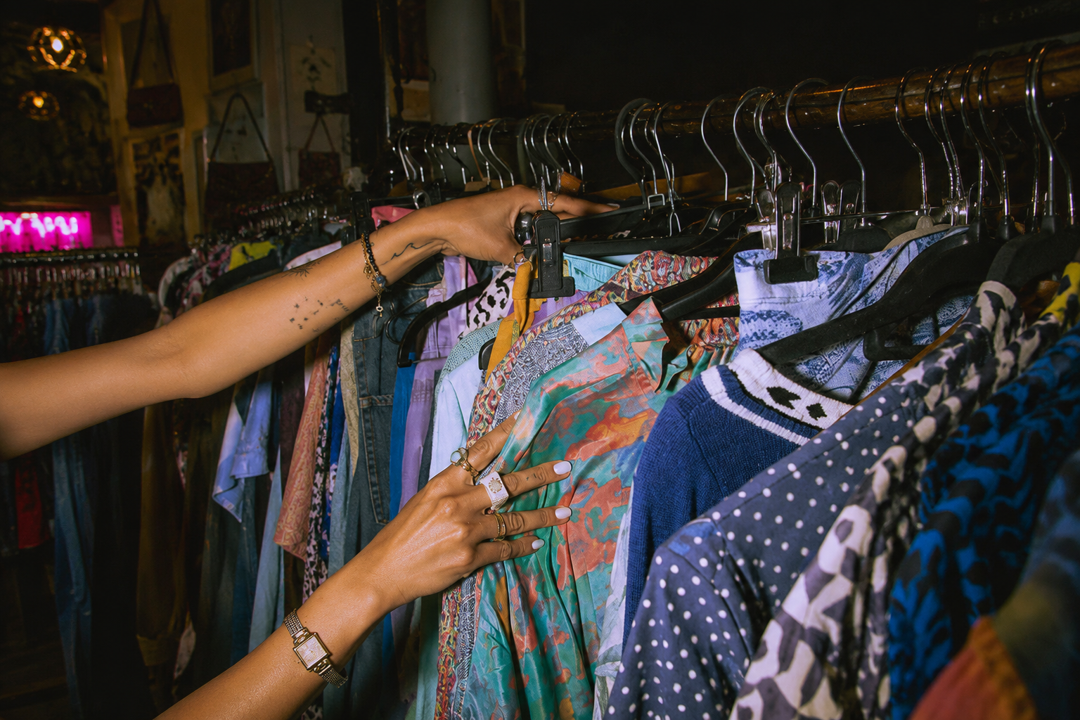 Hands browsing colorful clothes on a rack