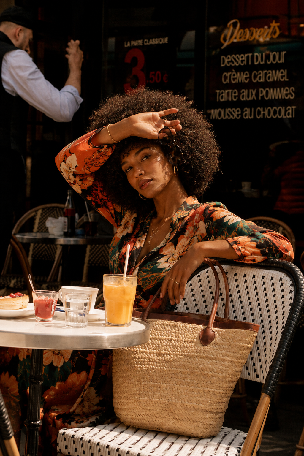 Kvinna i blommig kostym på parisisk caféterrass